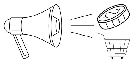 Megaphone projecting a coin into a shopping cart. Ideal for marketing, sales promotions, e-commerce, online shopping, and business growth. Represents advertising, revenue generation, and customerのイラスト素材
