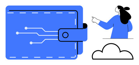 Digital wallet with circuit design, person in blue pointing, and cloud symbol. Ideal for tech,...
