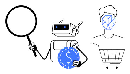 Robot with magnifying glass and coin, person with facial recognition and shopping cart. Ideal for e-commerce, AI, automation, finance, and facial recognition themes. Clean and modern styleのイラスト素材