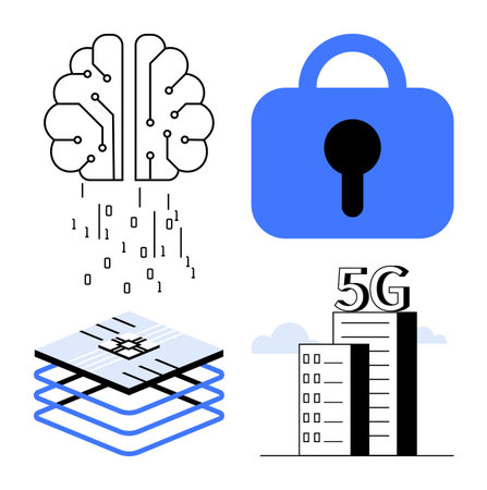 Visual includes a brain-like maze, a blue lock, a layered circuit, and buildings marked with 5G....
