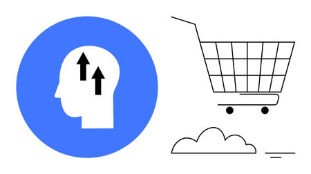 Head with upward arrows signifying growth and a shopping cart on a white background with cloud. Ideal for business, e-commerce, marketing, consumer behavior, digital growth. Simple, modern, clean