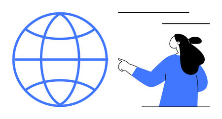 Woman pointing at a grid-patterned globe. Ideal for education, global connection, navigation, geography, and technology themes. Clean illustration, flat vector style, with blue and black linesのイラスト素材