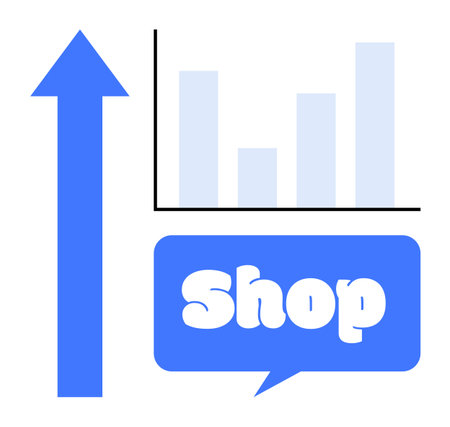 Blue upward arrow alongside a bar chart and a dialog box saying Shop. Ideal for illustrating business growth, retail success, marketing strategies, economic trends, and e-commerce performance. Flatのイラスト素材