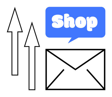 Envelope with two arrows pointing up and speech bubble with the word shop conveys online shopping and email marketing. Ideal for e-commerce, digital marketing, mail services, sales growth, web designのイラスト素材