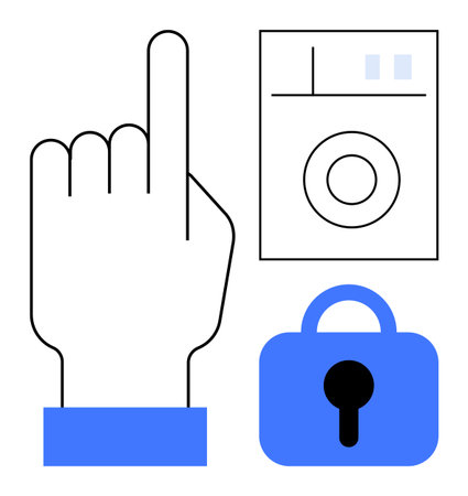 A hand pointing upwards, a washing machine, and a padlock symbol. Ideal for security systems, digital authentication, privacy protection, password access, and smart home technology. Minimalisticのイラスト素材