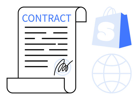 A contract document with a signature, a shopping bag with an S letter, and a globe symbol. Ideal for business, e-commerce, legal agreements, online transactions, and digital marketing themes. Simpleのイラスト素材