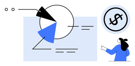 A businesswoman points at a large pie chart with multiple segments and a dollar sign icon. Ideal for business finance, data analysis, financial reports, presentations, and educational purposesのイラスト素材