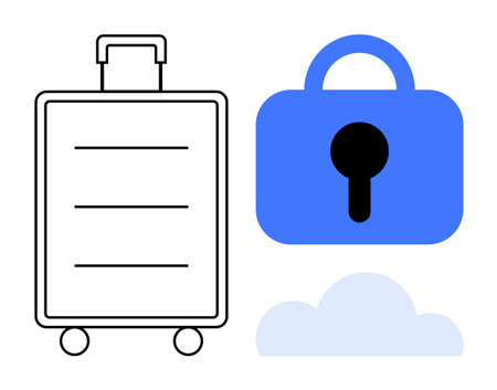 A suitcase, a blue lock, and a cloud shape promoting travel safety, data protection, and secure storage. Ideal for travel security, data protection, safety awareness, online security, and secureのイラスト素材