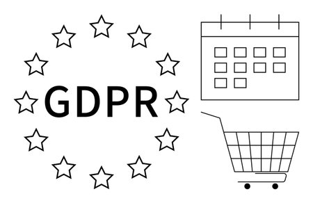 GDPR text surrounded by stars, a calendar, and a shopping cart ideal for themes of data protection, compliance, ecommerce, privacy, and regulations. Line art styleのイラスト素材