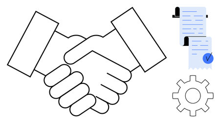 Handshake in the center with rolled-up contracts and a cogwheel. Ideal for business partnerships, agreements, teamwork, cooperation, and project management. Clean, minimalistic styleのイラスト素材