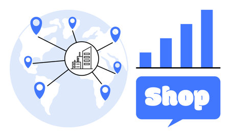A world map with location markers and a central hub represents global distribution. Next to it, a bar chart and a speech bubble with the word Shop symbolize e-commerce growth. Ideal for global trade