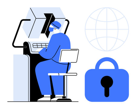 Person working at a computer, represented with symbols like a globe and a lock. Ideal for cybersecurity, internet safety, data protection, technology, and online privacy. Modern flat styleのイラスト素材