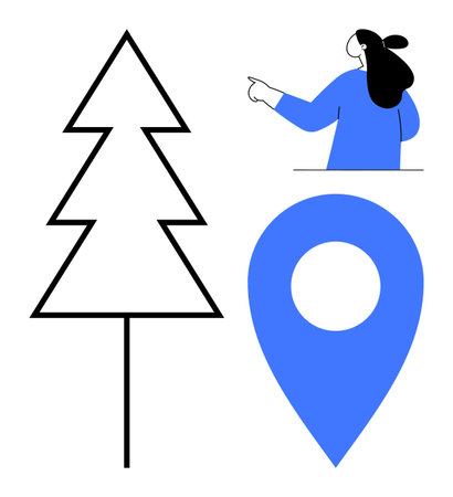 A person pointing, a map pin, and a simple Christmas tree outline. Ideal for holiday themes, navigation, travel, location services, minimalist design, and festive decorations. Modern and abstractのイラスト素材