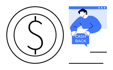 Large dollar symbol and person inside browser window holding cash back sign. Ideal for finance, online shopping, rewards programs, ecommerce, user interface. Minimalist vector style with blueのイラスト素材