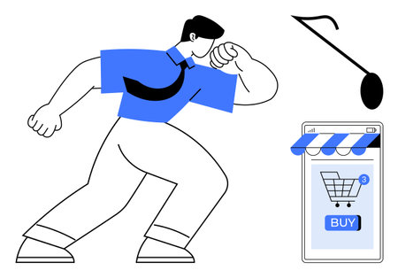 A man is leaning forward toward a mobile device with a shopping cart icon. A musical note floats above. Ideal for online shopping, e-commerce, digital transactions, music integration, modernのイラスト素材