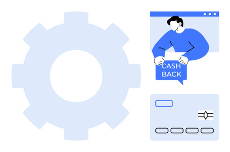Image with gear shape, person holding cash back sign, and credit card. Ideal for financial services, technology integration, rewards programs, digital marketing, user interface. Modern simple vectorのイラスト素材
