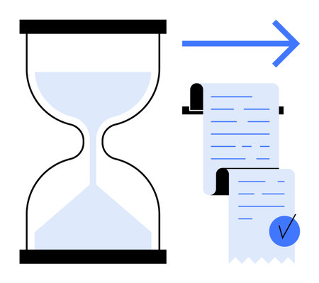 Hourglass and document checklist with blue arrow. Ideal for time management, productivity,...