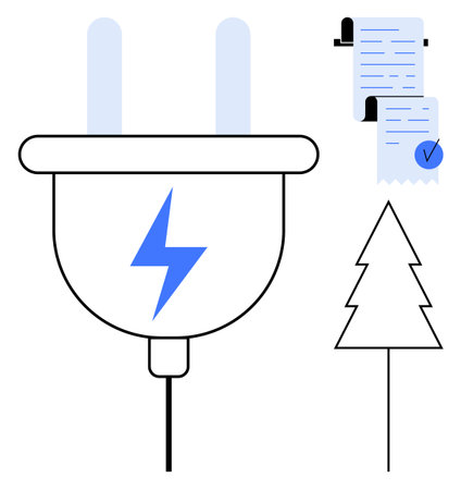 Electrical plug with a blue lightning symbol is shown, accompanied by a checklist with a blue checkmark and a tree outline. Ideal for eco-friendly designs, energy-saving tips, sustainable livingのイラスト素材