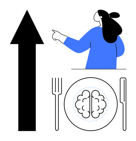 Woman points toward large upward arrow beside brain on plate with fork and knife. Ideal for health education motivation mental wellness personal development brain food and successのイラスト素材