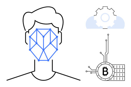 An image of a human face with a geometric pattern overlay, a cogwheel, and a Bitcoin symbol. Ideal for technology, biometrics, cryptocurrency, blockchain, and artificial intelligence. Minimalist lineのイラスト素材