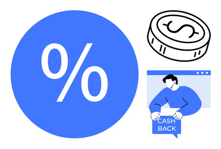 Large blue percentage sign, black and white coin with dollar symbol, and person holding cash back sign. Ideal for finance, rewards, savings, promotions, and advertisements. Modern simple designのイラスト素材