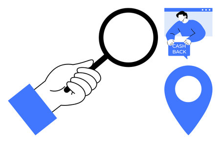 A hand holding a magnifying glass next to a location pin and a person showcasing a cashback sign. Ideal for themes like online search, financial services, navigation, e-commerce, and marketingのイラスト素材