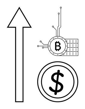 Arrow indicating growth, Bitcoin symbol with circuit connections, and dollar symbol. Ideal for finance, cryptocurrency, technology, investment, and economic growth themes. Minimalistic design styleのイラスト素材