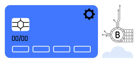 Blue credit card with chip and Bitcoin symbol connected to blockchain technology cloud. Ideal for finance, cryptocurrency, digital payments, blockchain, fintech. Simple vector styleのイラスト素材