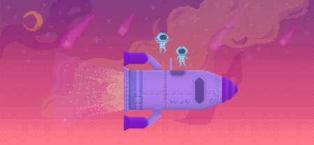 Two small astronauts stand on top of a purple rocket flying through a pink-toned outer space filled...