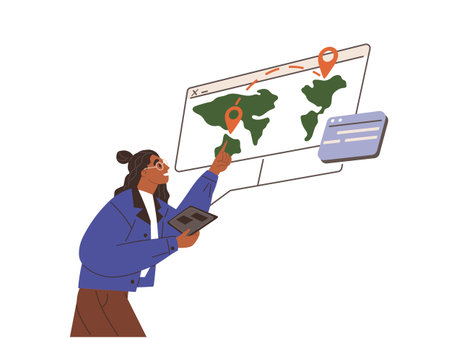 Man studying destination map with marks. Guy works with world map with markers of buyers for worldwide delivery vector illustration. International logistics and cargo, postal mail delivery serviceのイラスト素材