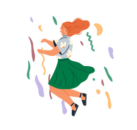 Celebration concept. A woman with red hair in a floral shirt and green skirt dances joyfully amidst colorful confetti and streamers. Ideal for party invitations holiday greetings dance events joyfulのイラスト素材