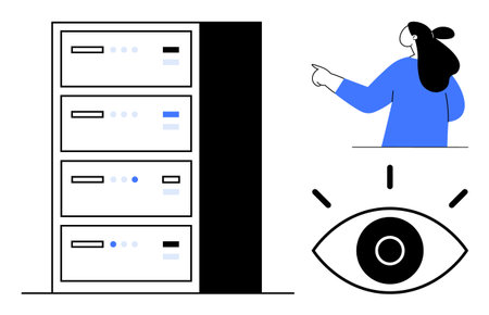 A person pointing towards server racks while an eye symbol represents surveillance and data monitoring. Ideal for data storage, security, technology, IT infrastructure, and surveillance themesのイラスト素材