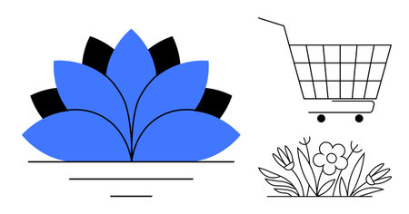 Simplistic image showing a blue lotus flower with black accents, a shopping cart, and a flower bed. Ideal for wellness, shopping, gardening, minimalistic design, spa promotions. Clean vector styleのイラスト素材