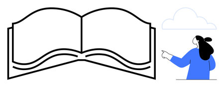 Open book with thick lines placed next to an abstract person pointing at a single cloud. Ideal for education reading imagination learning and storytelling. Simple minimalist vector styleのイラスト素材