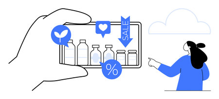 A hand holding a smartphone displays various bottled products with sale icons above them while a person is pointing towards the screen. Ideal for online shopping, e-commerce, digital marketing, saleのイラスト素材