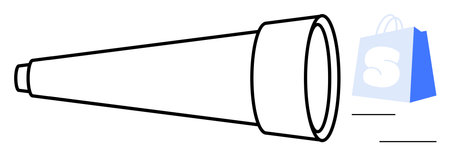 Outline of a telescope paired with a blue shopping bag featuring an S  . Ideal for e-commerce, exploration, navigation, shopping, astronomy. Simple styleのイラスト素材