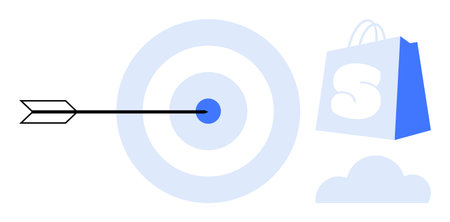 Arrow hits a targets bullseye with a shopping bag and cloud beside it. Ideal for business accuracy digital marketing e-commerce success goals and strategy design concepts. Minimalistic flat styleのイラスト素材