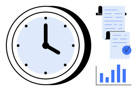 Large clock, documents with check mark, and bar graph. Ideal for productivity, office work, deadlines, efficiency, business planning. Modern, minimalist vector style with blue and black coloursのイラスト素材