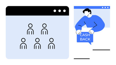A person holding a cashback sign with a website interface displaying user icons. Ideal for online...