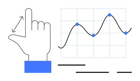 Hand making a gesture next to a line graph with blue data points. Ideal for data presentation, analysis, user interaction, technology, business strategy. Simple, modern, cleanのイラスト素材