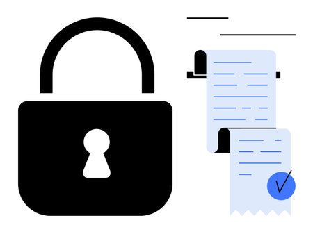 Large black padlock next to a rolled receipt or document with a blue verification checkmark. Ideal for security, privacy, data protection, authenticity, verification. Minimalist vector styleのイラスト素材