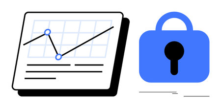 A graph with data points and lines next to a blue padlock. Ideal for data security, analytics, privacy protection, cybersecurity, and confidential information. Simple vector art styleのイラスト素材