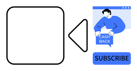 A frame with a play button, a person holding a cashback sign, and a subscribe button. Ideal for online marketing, video promotions, customer engagement, loyalty programs, and subscription servicesのイラスト素材