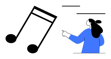 A woman pointing towards a large musical note on a white background. Ideal for music education, artistic expression, creativity, music events promotion, and abstract illustrations. Simplistic modernのイラスト素材