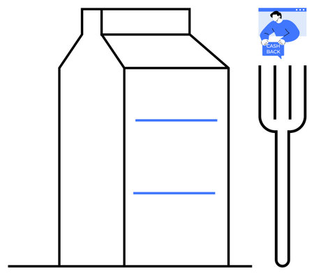 Minimalistic drawing of a milk carton with a vertical fork beside it and a small box depicting a man with cash back text. Ideal for food industry, dairy products, grocery shopping, minimalismのイラスト素材