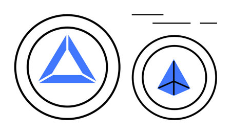 Two blue geometric triangles, one larger and one smaller, are enclosed in concentric circles. The composition is minimal and modern, with additional thin black lines on top. Ideal for technologyのイラスト素材