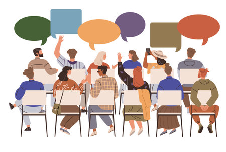 People seated, with backs turned, participating in a discussion or meeting, indicated by colorful speech bubbles overhead. Ideal for social events, education, communication, teamwork, communityのイラスト素材