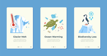 Three panels display environmental issues glacier melt with a thermometer and iceberg, iceberg ocean warming with a turtle and plastic pollution and biodiversity loss with a penguin on melting iceのイラスト素材