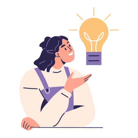 A person gesturing towards a glowing light bulb, symbolizing a new idea. Ideal for creativity, innovation, brainstorming, solutions, concept development. Modern, flat, colorfulのイラスト素材