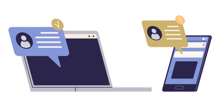 Laptop and smartphone with chat message bubbles displaying communication alerts. Blue and yellow speech bubbles highlight messages. Ideal for digital communication, social media, messaging appsのイラスト素材